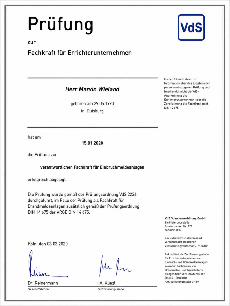 VdS-Fachkraft für Einbruchmeldeanlagen – Marvin Wieland