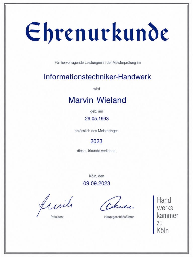 Ehrenurkunde der Handwerkskammer Köln