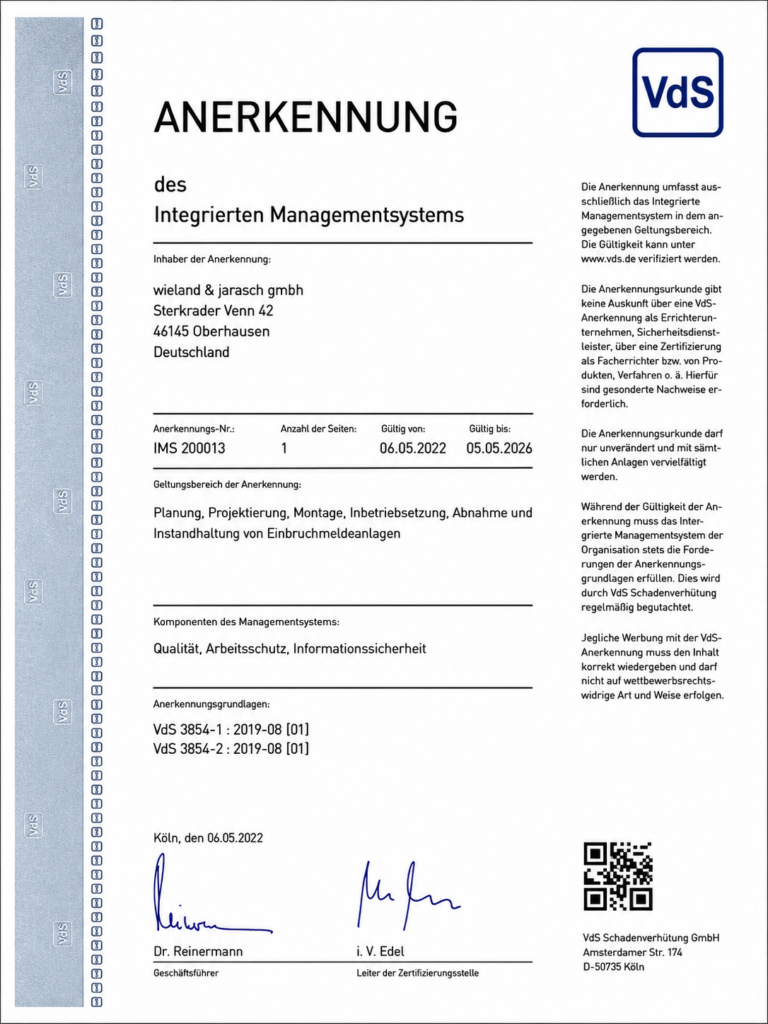 VdS-Zertifikat Qualitätsmanagement der Wieland & Jarasch GmbH
